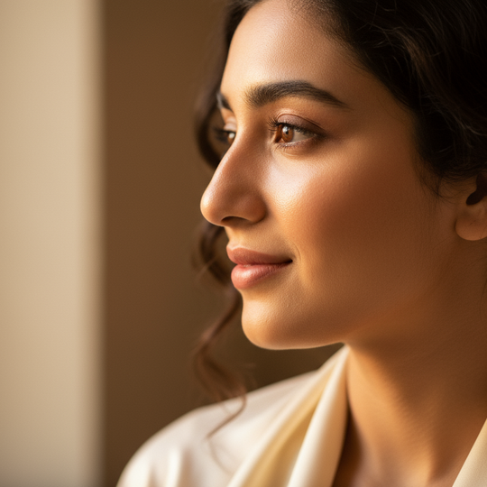 Create a close-up profile image of a young Pakistani woman's face, smiling gently with clear, glowing skin. She should look natural and radiant. and make 6 of them 