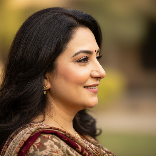 Generate a close-up profile image of a Pakistani woman in her 40s, with a warm, authentic smile, showcasing luminous and well-cared-for skin.