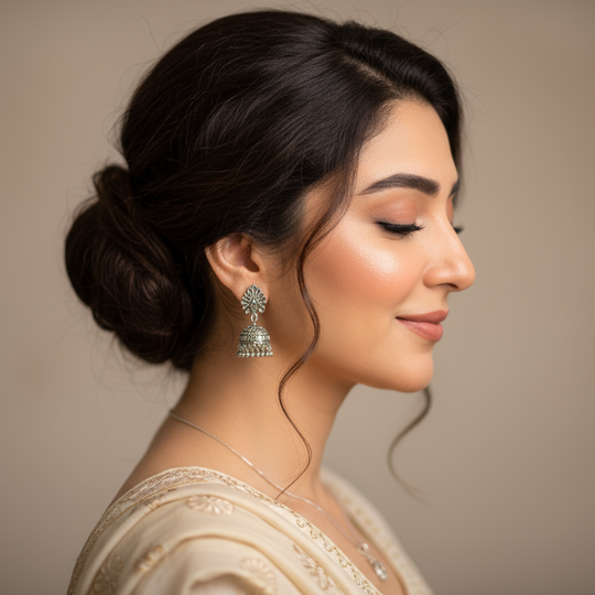 Generate a close-up profile image of a Pakistani woman in her late 20s/early 30s, looking confident and serene, with a subtle healthy glow on her skin.