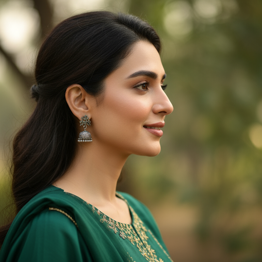 Generate a close-up profile image of a Pakistani woman in her late 20s/early 30s, looking confident and serene, with a subtle healthy glow on her skin.