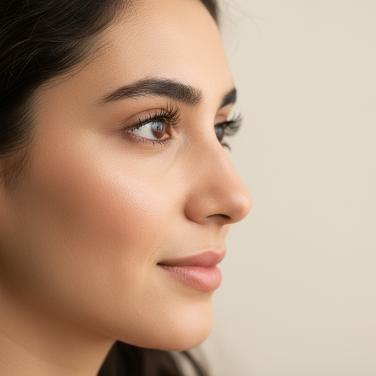 Produce a close-up profile image of a Pakistani woman's face, looking fresh and natural, with a soft, content expression, highlighting healthy skin.